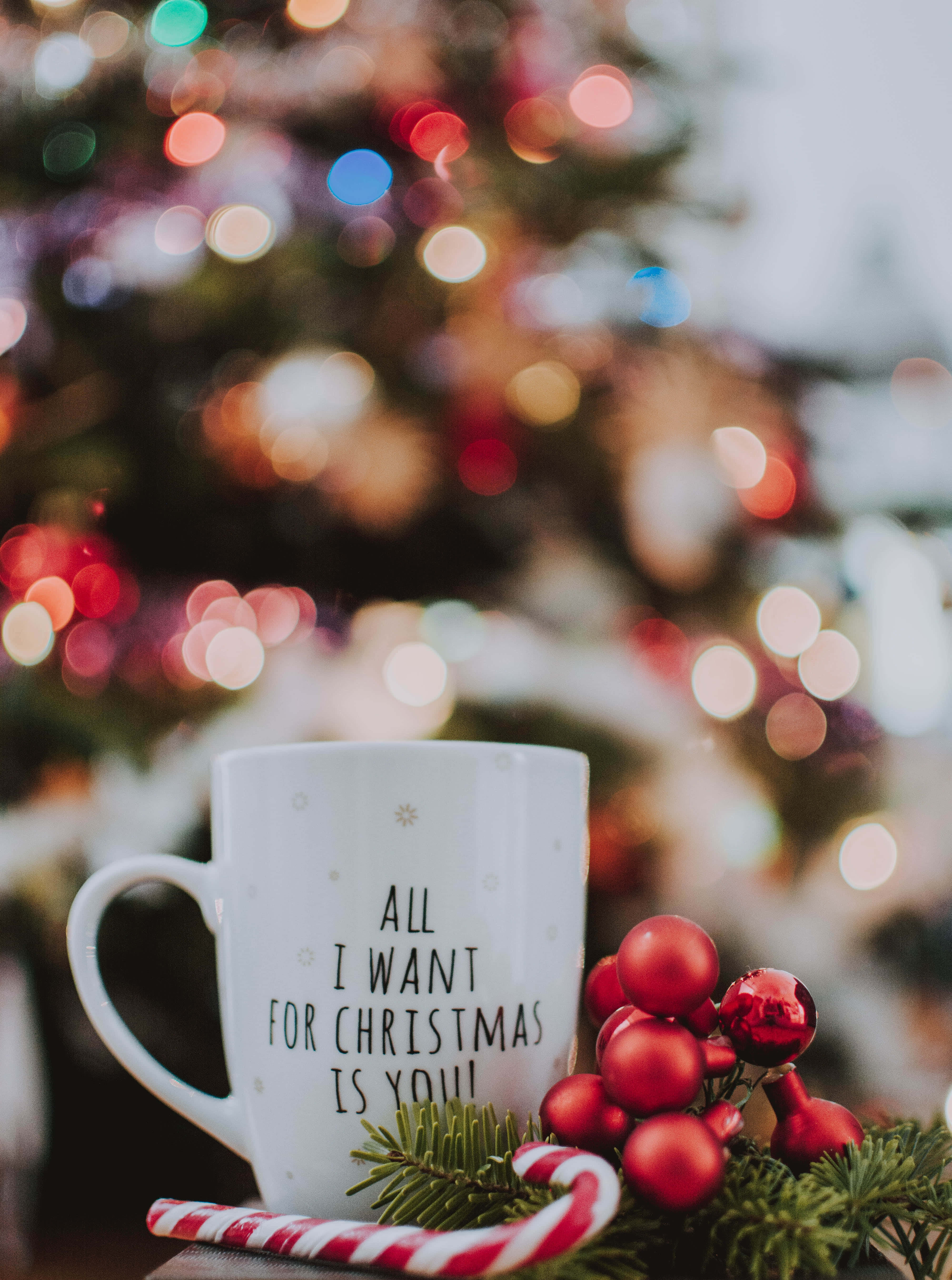 聖誕節 桌布 壁紙 — 一個白色馬克杯，上面寫著「All I Want for Christmas Is You」，旁邊放著紅色裝飾品和一根拐杖糖，背景是散景燈光下的聖誕樹。