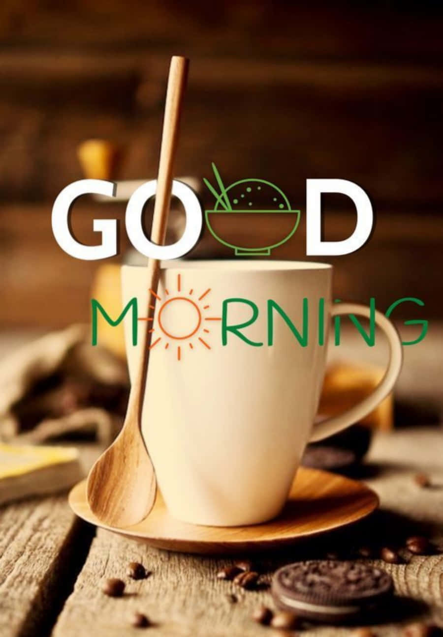 Morning Coffee 桌布 壁紙 — 一個白色馬克杯配木匙，放在質樸的木桌上，周圍有咖啡豆和Oreo餅乾，在溫暖的晨光下。