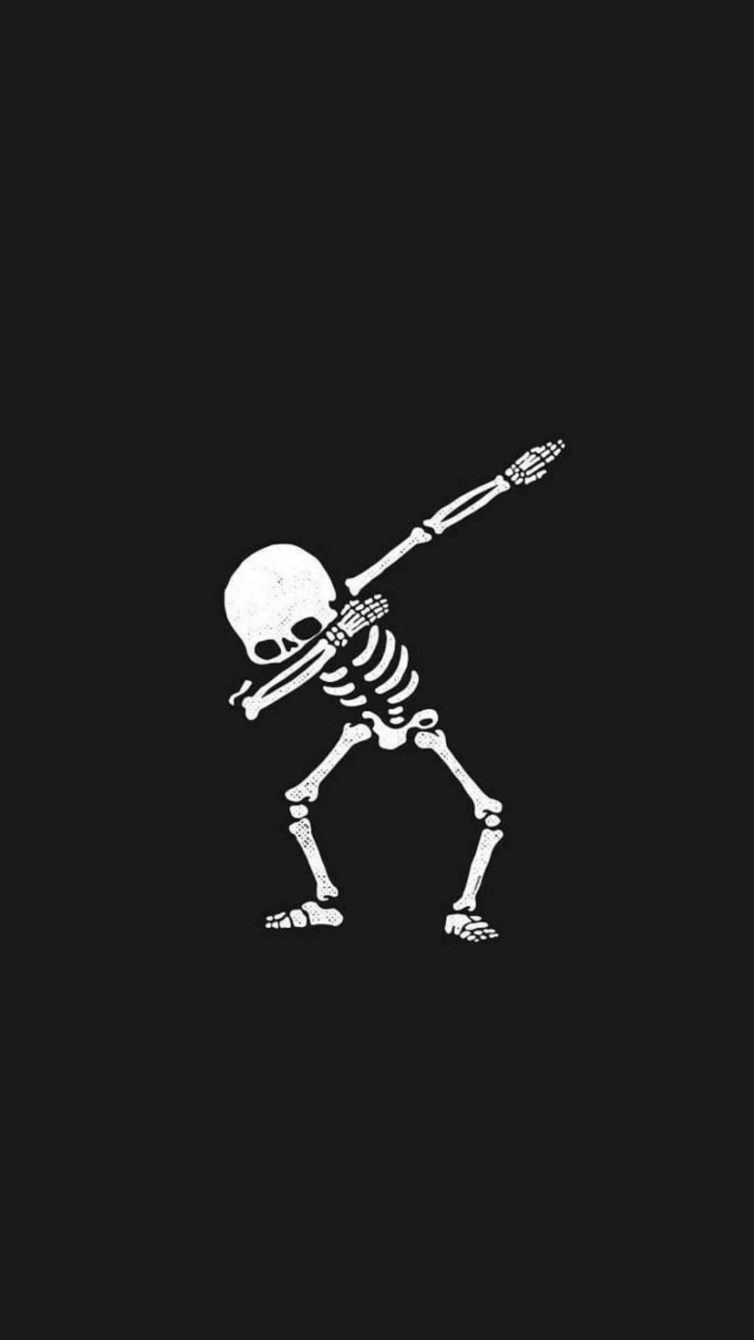 Halloween Skeleton 桌布 壁紙 — 一個白色骷髏在純黑色背景上以極簡數位插畫風格做出 dab 姿勢。