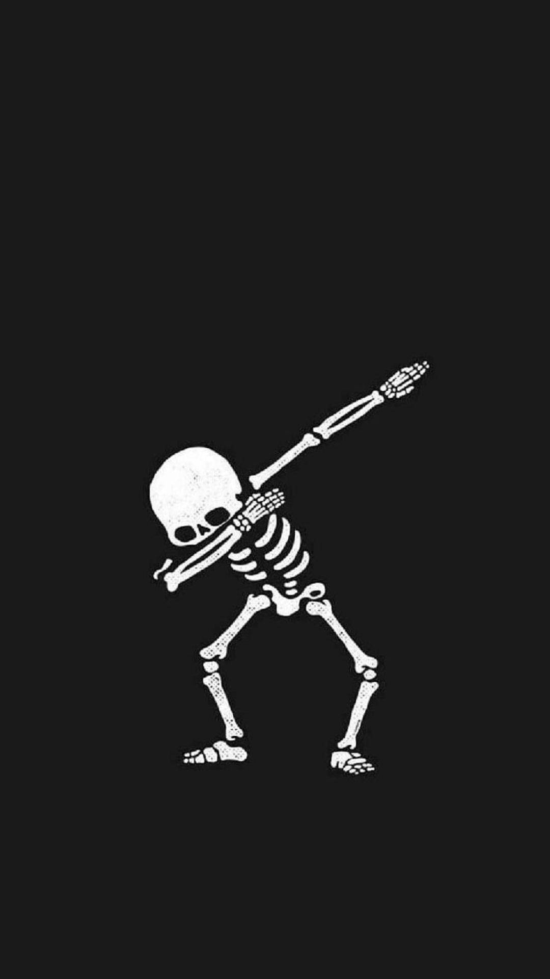 Skeleton Meme 桌布 壁紙 — 一個白色骷髏在純黑色背景上做出 dab 姿勢，極簡數位插圖。