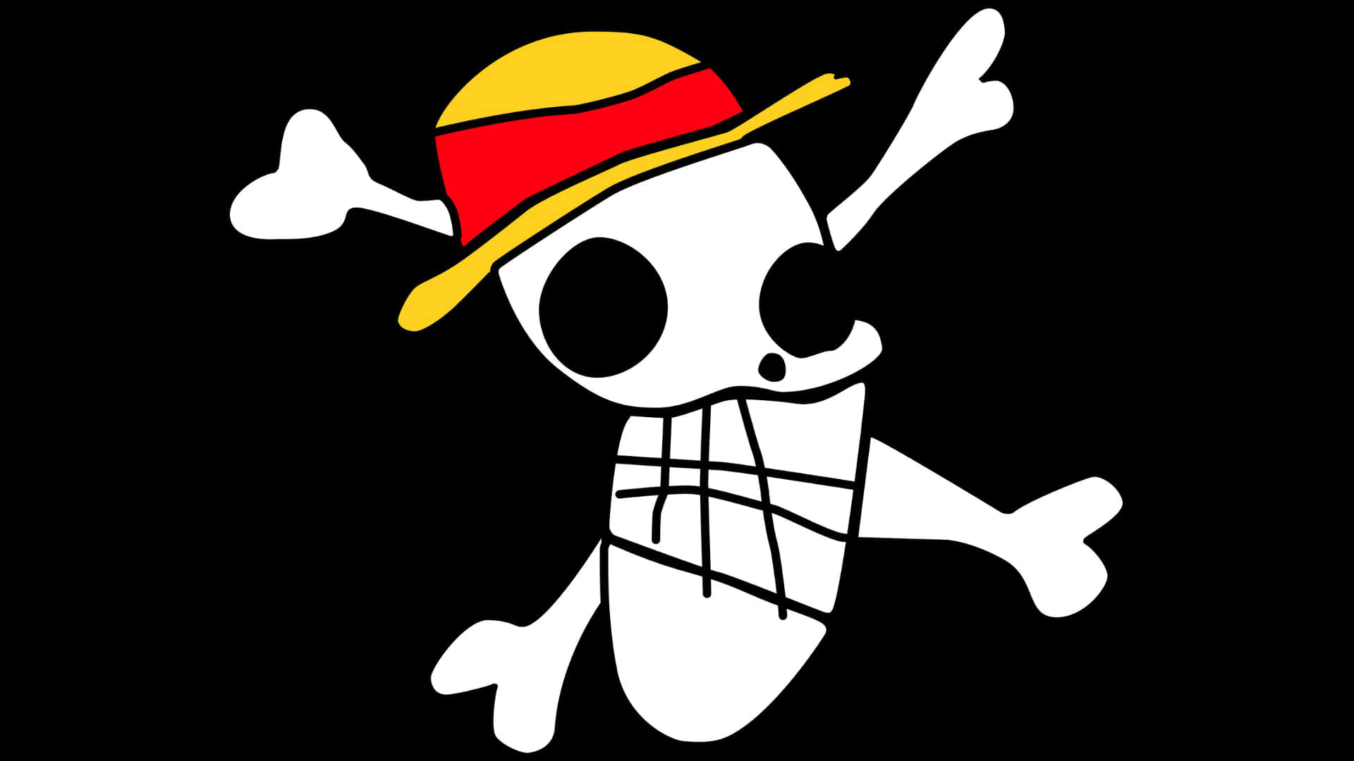 Straw Hat Pirates 桌布 壁紙 — 一個白色骷髏頭，戴著紅黃色帽子，交叉骨頭，黑色背景。