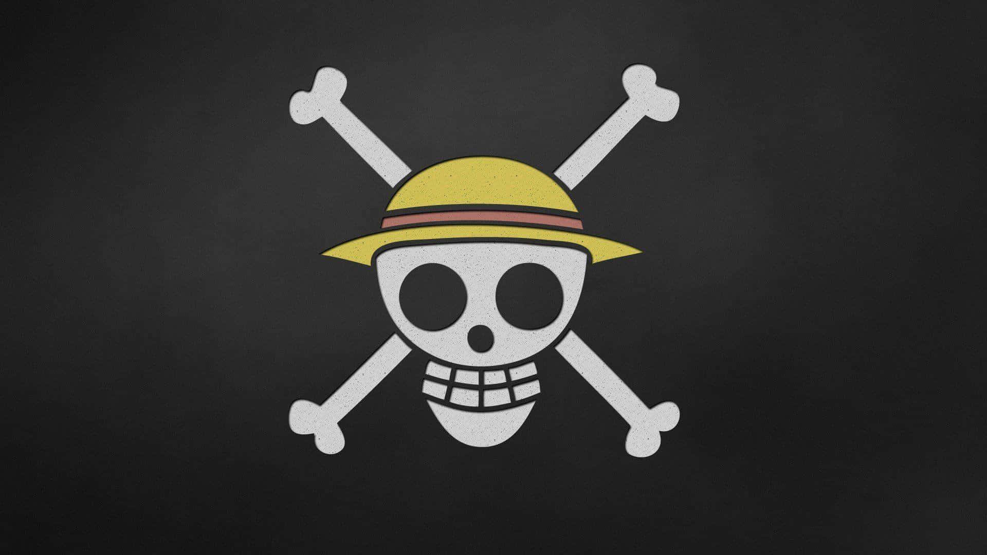 Straw Hat Pirates 桌布 壁紙 — 一個白色骷髏頭戴著黃色草帽，交叉骨頭在深色紋理背景上。