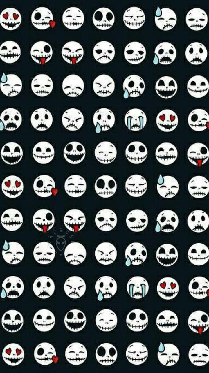 Black Emoji 桌布 壁紙 — 一個白色骷髏頭表情符號的網格，帶有縫合的嘴巴，在深色背景上展示各種俏皮和情感表達。