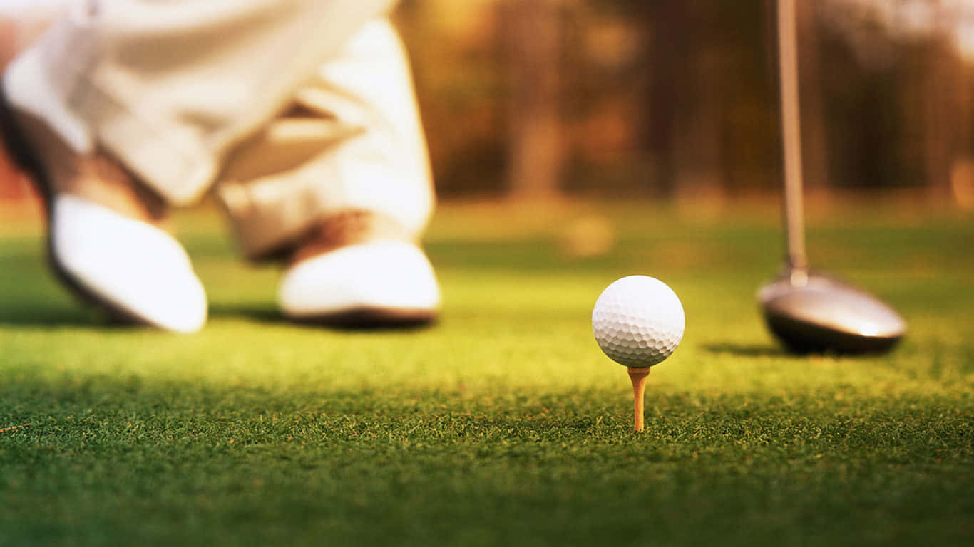 1366x768 Golf Course 桌布 壁紙 — 一個白色高爾夫球在發球檯上的特寫，背景中高爾夫球手的腳和球桿模糊，陽光下的綠色球場。