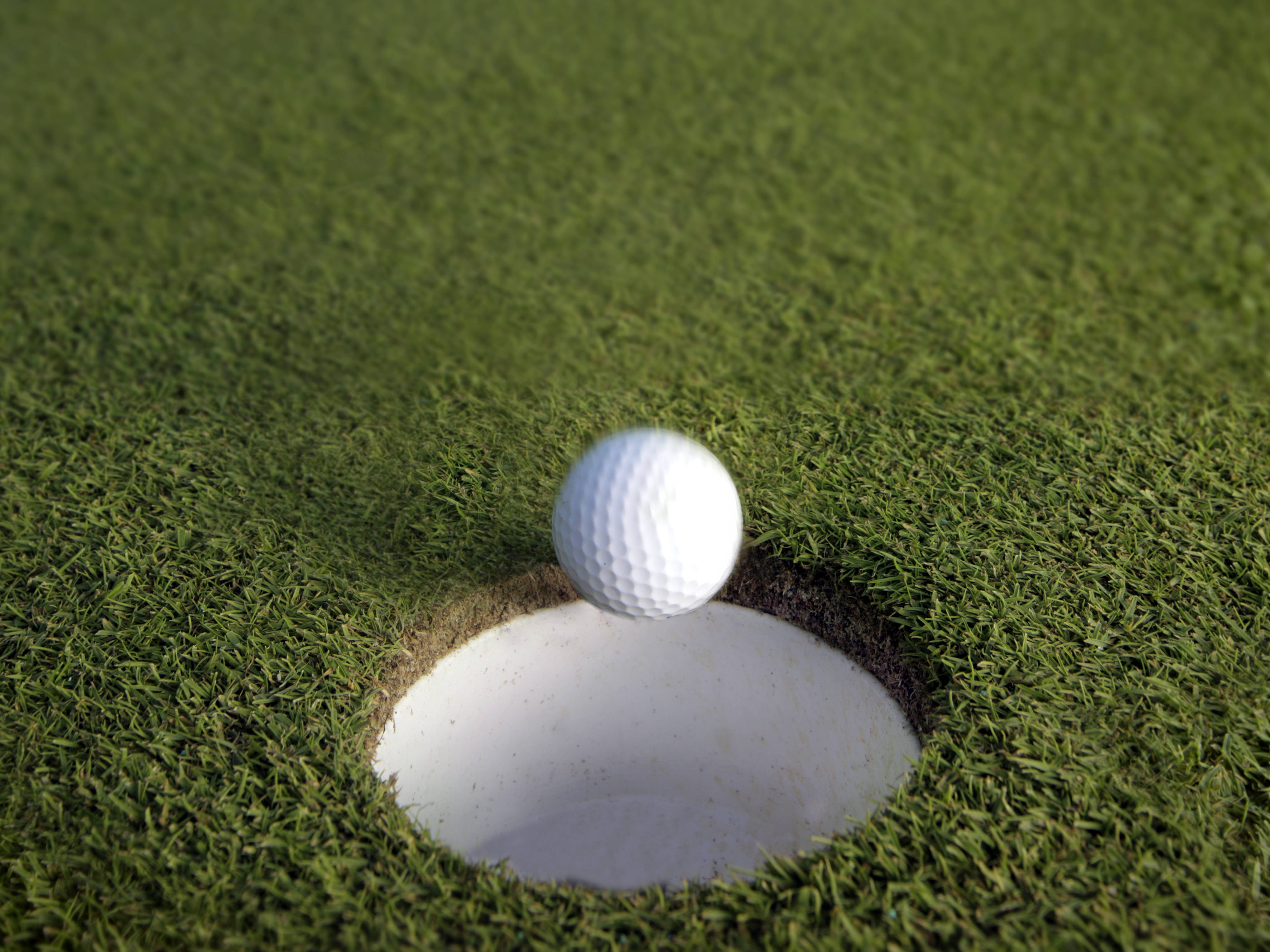 Golfing 桌布 壁紙 — 一個白色高爾夫球棲息在杯緣，下方是鮮綠色的草地。