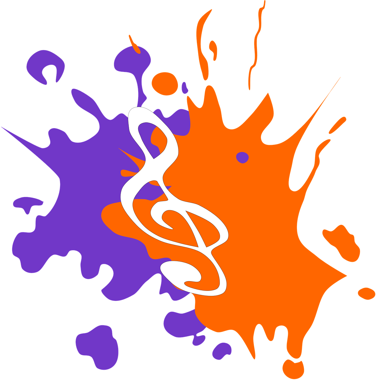 Music Note 桌布 壁紙 — 一個白色高音譜號從鮮豔的橙色和紫色油漆飛濺中浮現，背景為黑色。