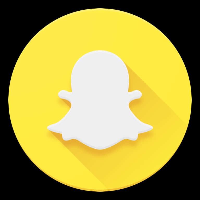 Snapchat 桌布 壁紙 — 一個白色鬼魂圖示，帶有長陰影，位於亮黃色圓形背景中央，背景為黑色。