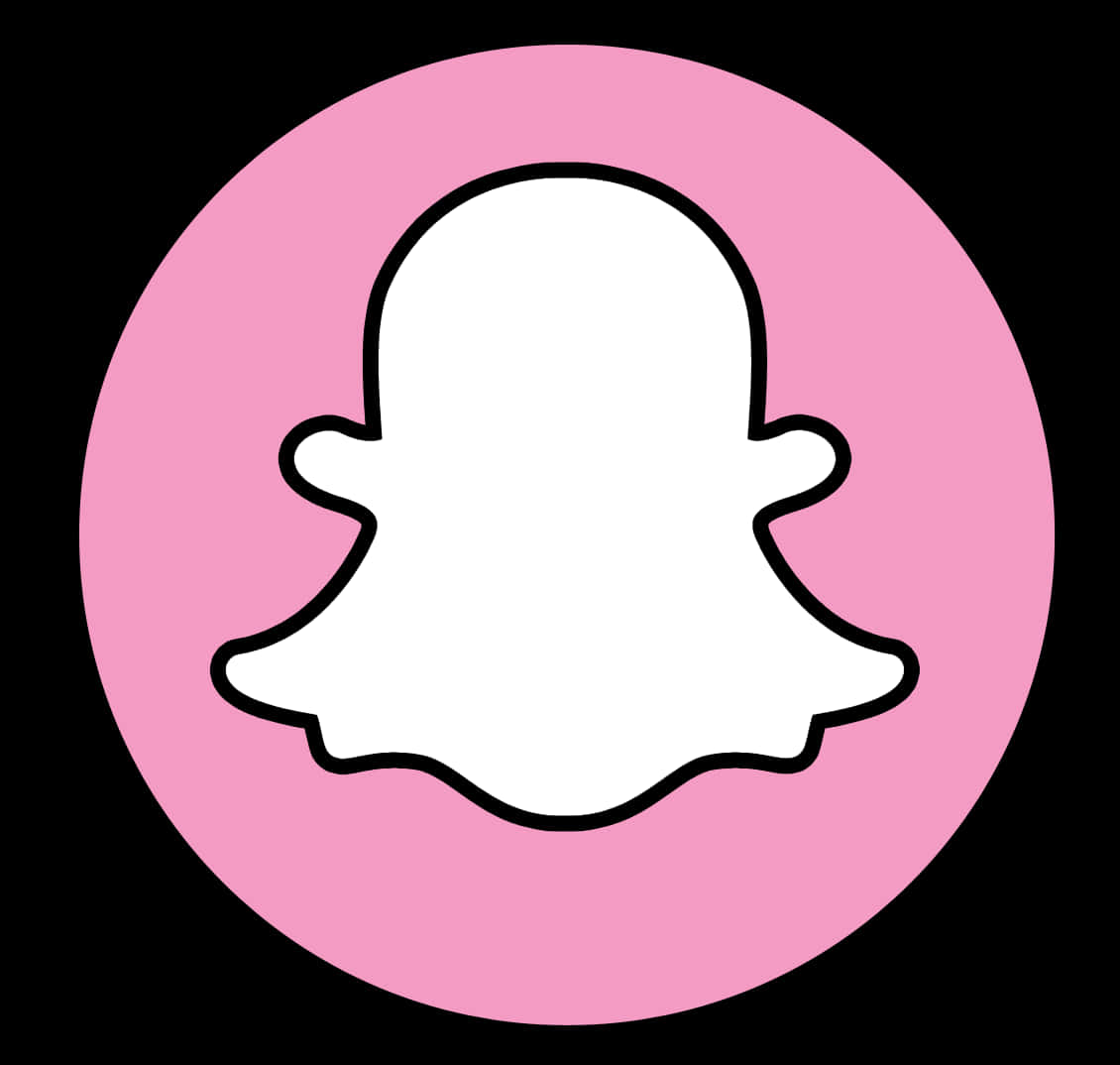 Snapchat 桌布 壁紙 — 一個白色鬼魂圖示，帶有黑色輪廓，置於黑色背景上的粉紅色圓圈中央。