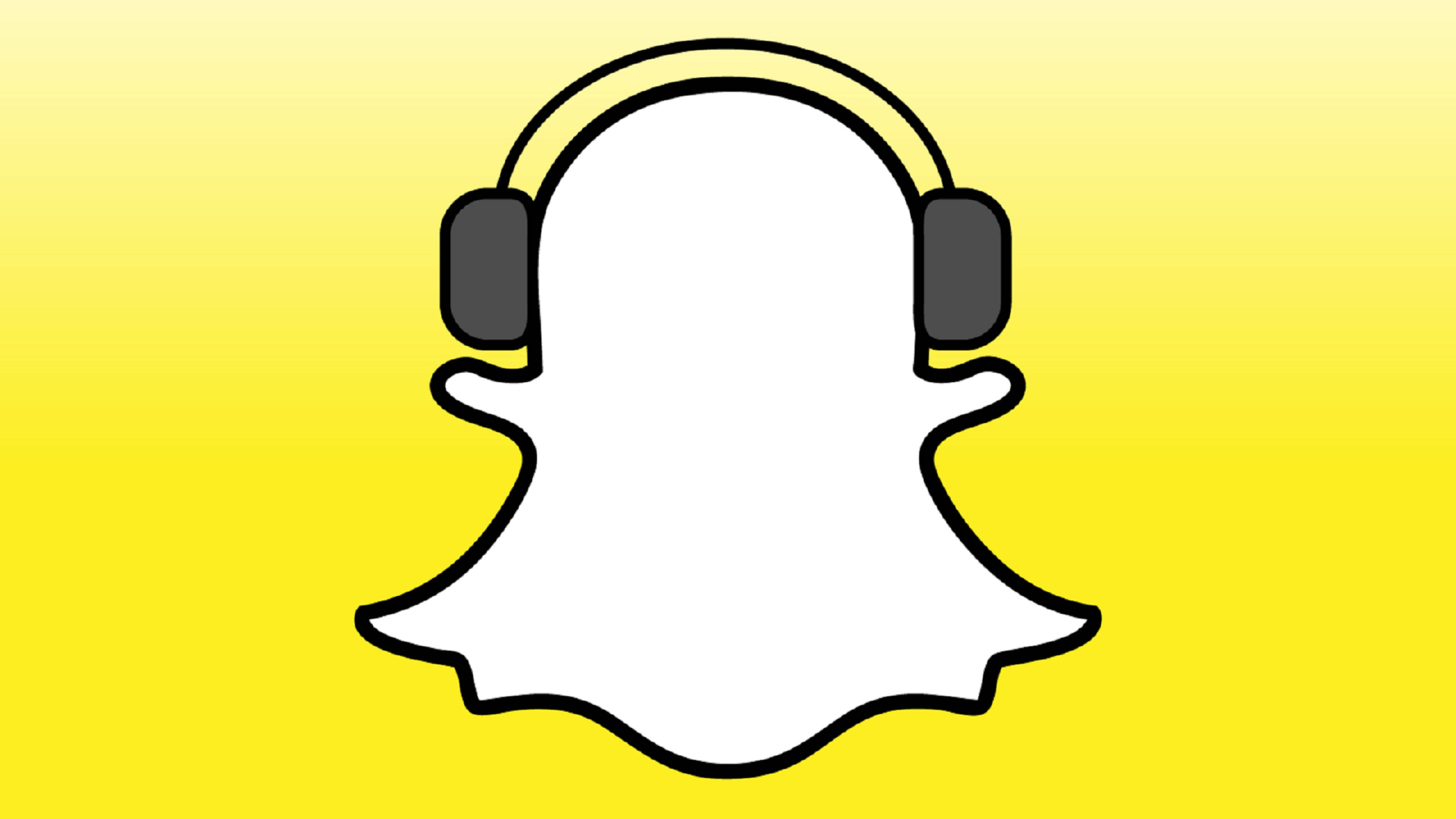 Snapchat 桌布 壁紙 — 一個白色鬼魂圖示，帶有黑色輪廓和黃色耳機，背景為明亮的黃色漸變。