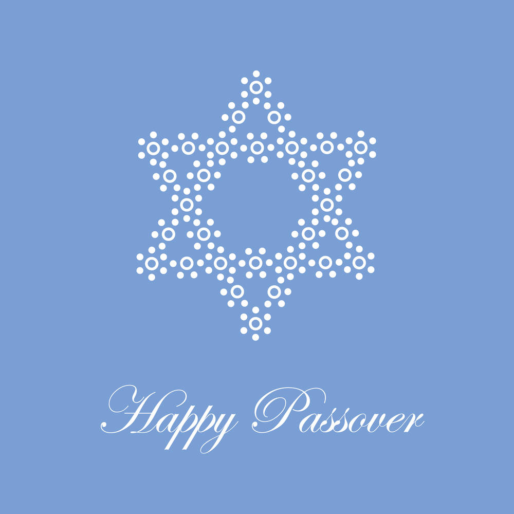 Passover 桌布 壁紙 — 一個白色點狀的大衛之星漂浮在優雅的手寫文字上方，文字寫著 Happy Passover，背景是柔和的藍色。