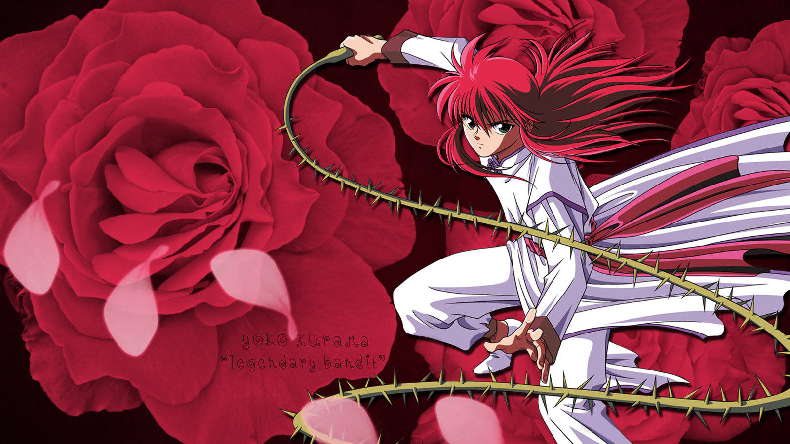 Kurama 桌布 壁紙 — 一個白衫紅髮的動漫女孩在黑暗背景中，於巨大的深紅玫瑰間揮舞著帶刺的鞭子。