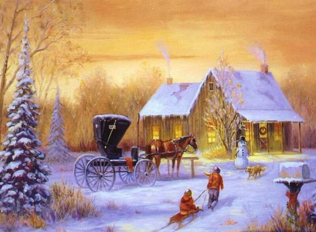  壁紙 — 一個白雪皚皚的冬夜，孩子們在舒適的小屋附近滑雪橇，有馬車、雪人，窗戶透出溫暖的燈光。