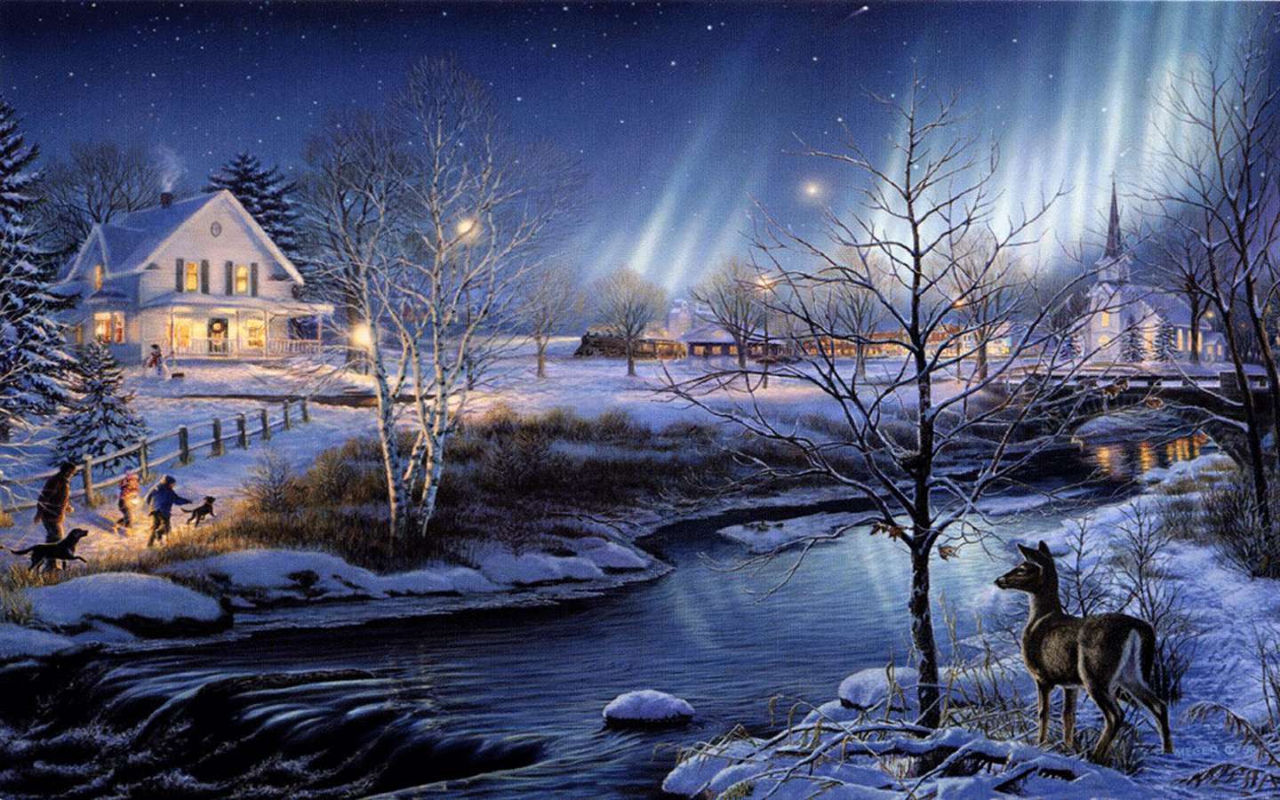  壁紙 — 一個白雪皚皚的冬夜場景，發光的房子，河邊的鹿，以及孩子們在星空和極光下遛狗。