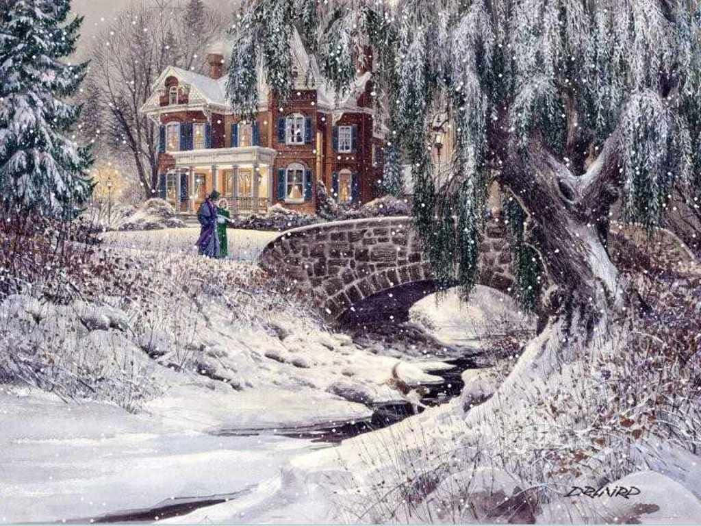 Winter Scene 桌布 壁紙 — 一個白雪皚皚的冬季場景顯示一對情侶在石橋附近擁抱，旁邊是一座被雪覆蓋的維多利亞式房屋，窗戶發出溫暖的光芒。