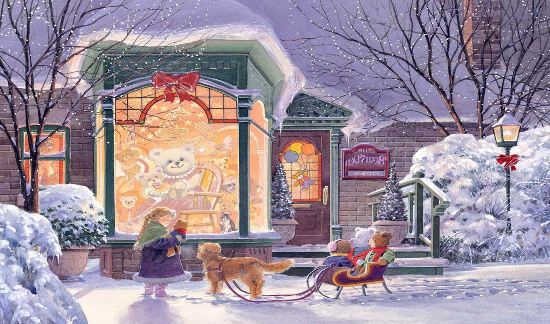 冬季聖誕 桌布 壁紙 — 一個白雪皚皚的冬季場景顯示孩子們和一隻狗在一個溫暖照明的商店櫥窗附近，櫥窗裡展示著一隻巨大的泰迪熊。