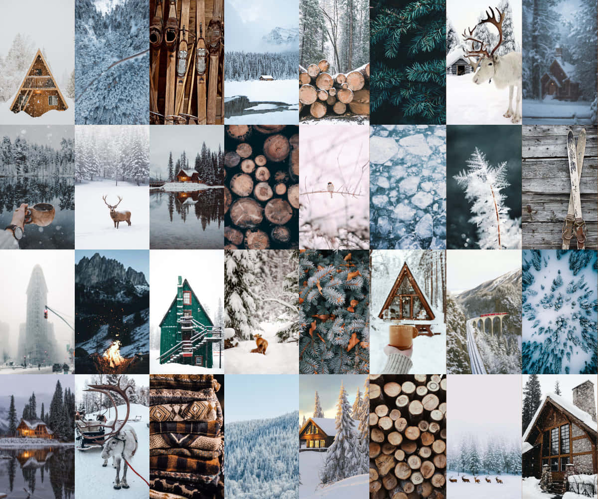雪景 桌布 壁紙 — 一個白雪皚皚的冬季拼貼畫， featuring 小屋、馴鹿、結霜的樹木和木頭，在寧靜的山景中。
