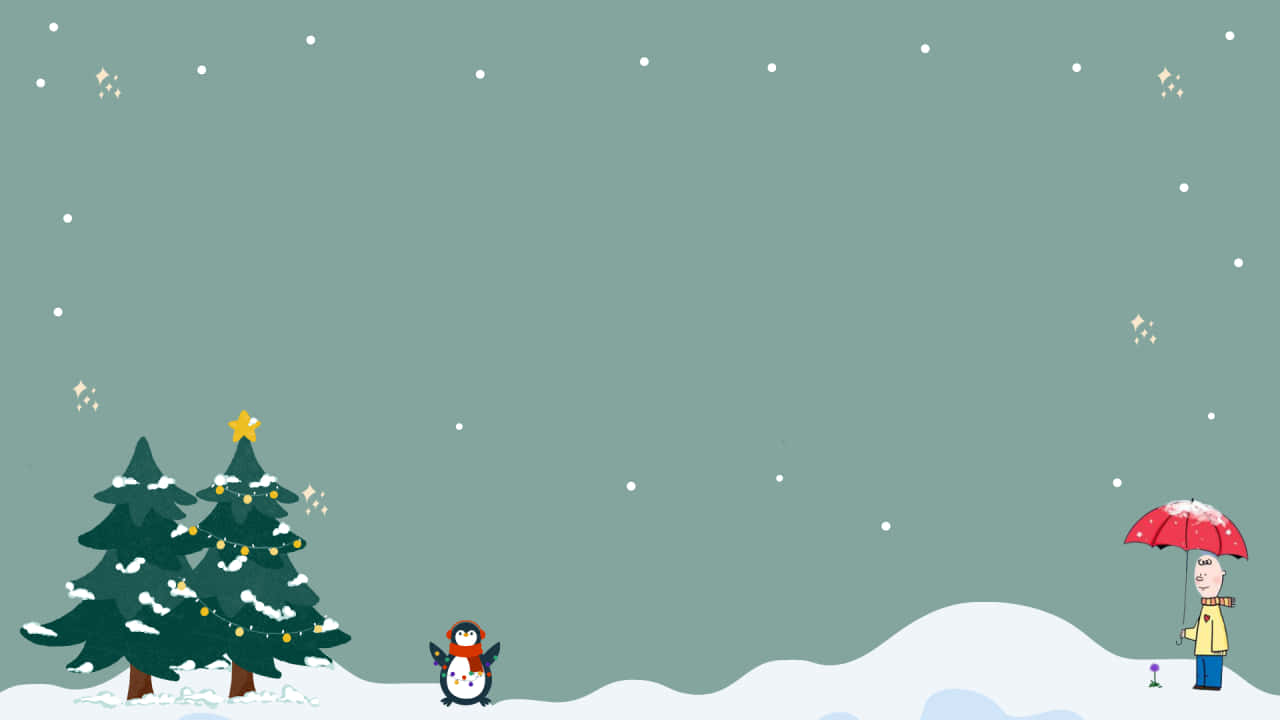 Minimalist Christmas Desktop 桌布 壁紙 — 一個白雪皚皚的冬日場景，有裝飾好的聖誕樹、一隻企鵝和一個在飄雪中撐著紅傘的人。