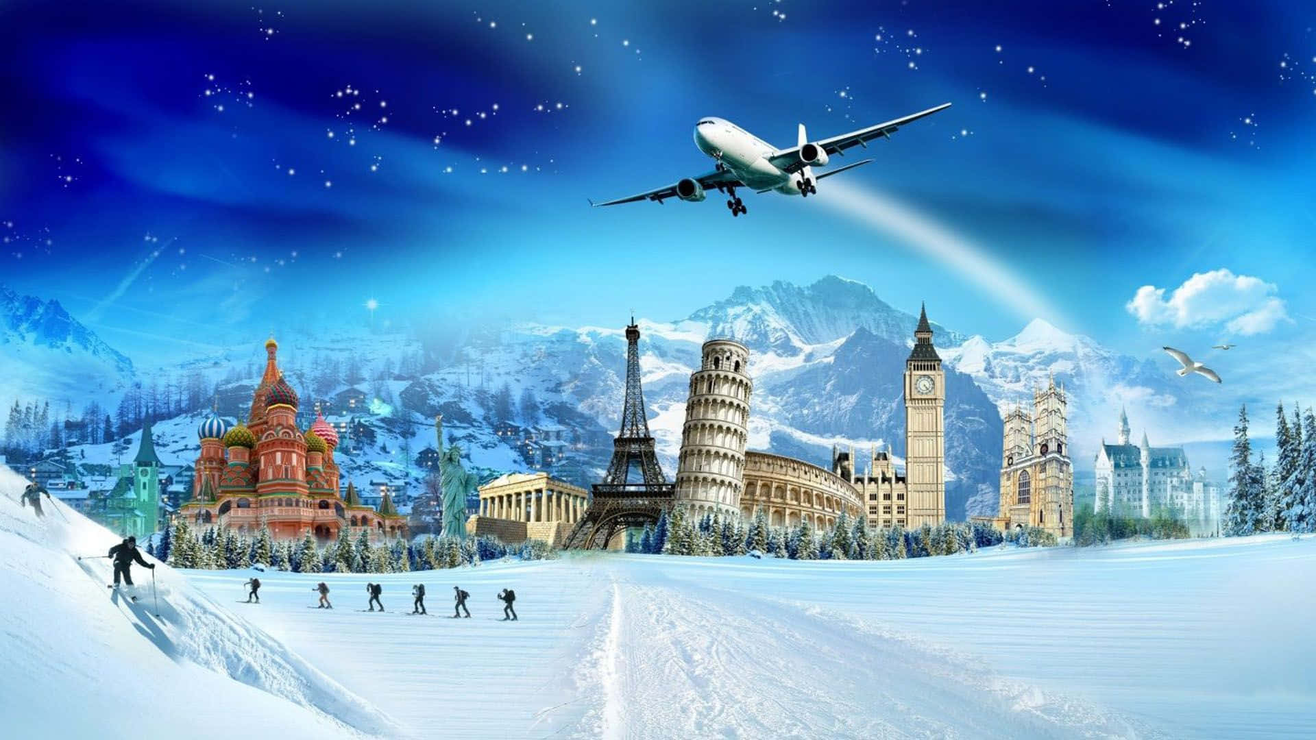 Travel Desktop 桌布 壁紙 — 一個白雪皚皚的冬日場景，艾菲爾鐵塔和大笨鐘等全球地標在繁星點點的藍天下並排而立，一架飛機從頭頂飛過。
