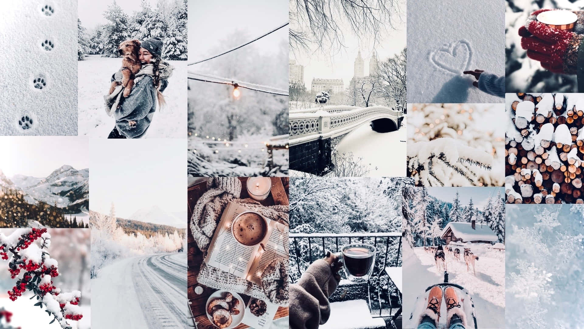 Winter Aesthetic Collage 桌布 壁紙 — 一個白雪皚皚的冬日拼貼畫，展現溫馨時刻，如熱可可、雪景和白色雪地上喜慶的紅色漿果。