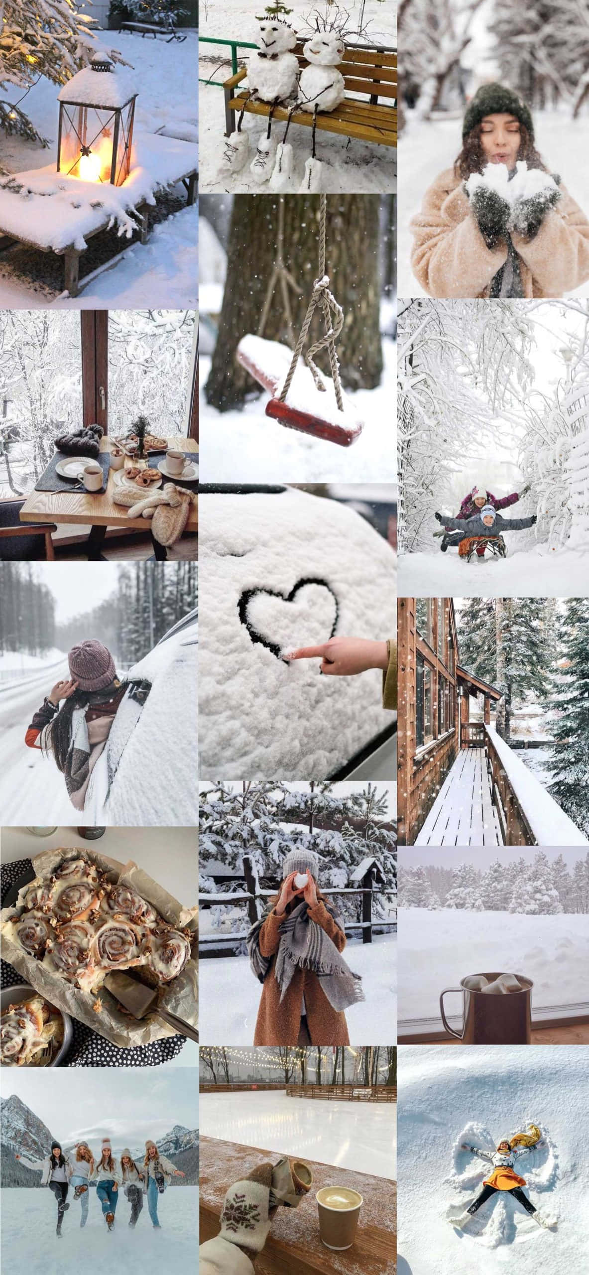 Winter Aesthetic Collage 桌布 壁紙 — 一個白雪皚皚的冬日拼貼畫，展現溫馨時刻，如雪天使、熱飲，以及人們在柔和暮光下享受冰霜景觀。