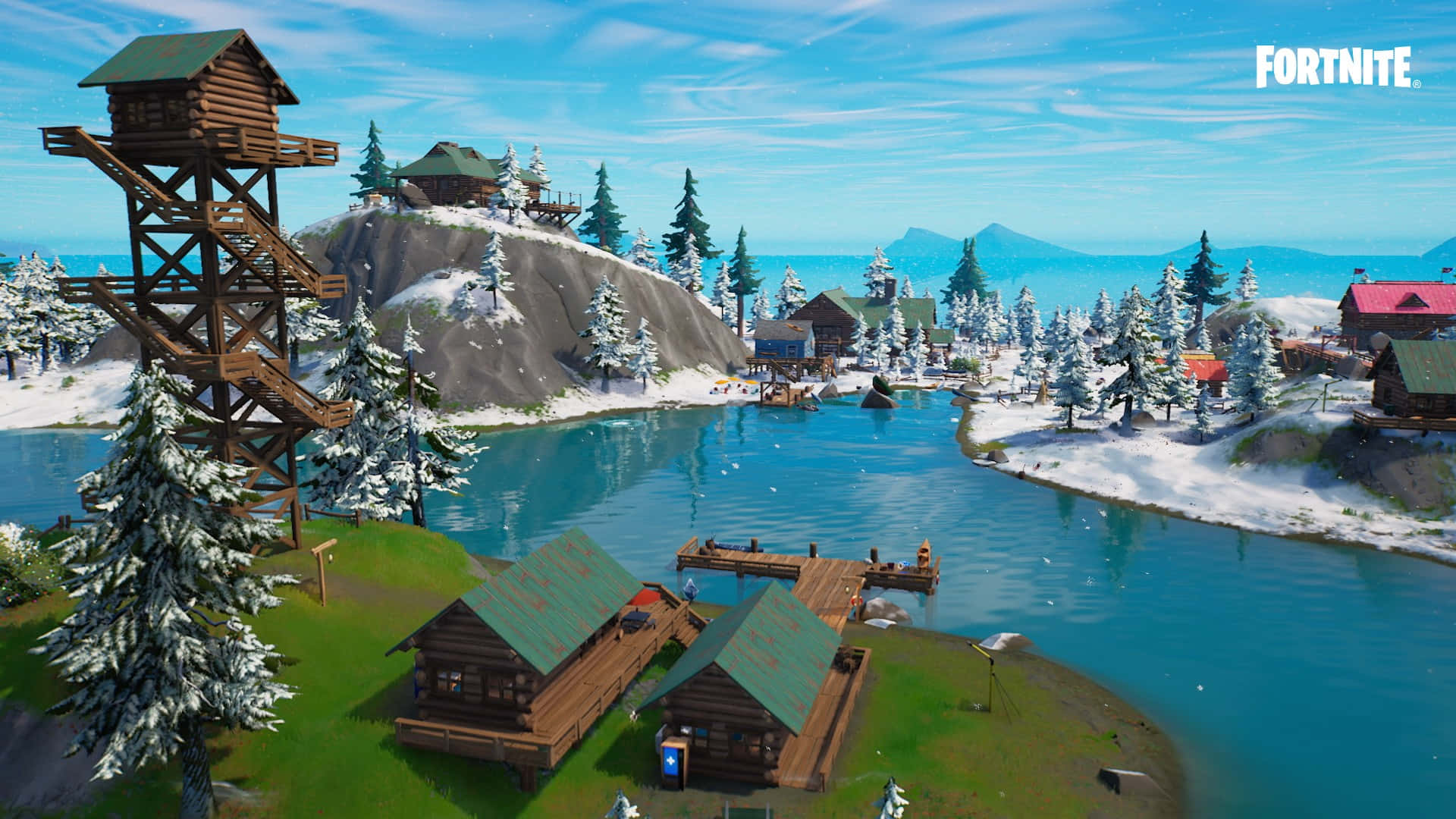 Fortnite Chapter 3 桌布 壁紙 — 一個白雪覆蓋的Fortnite島嶼村莊，有木屋、碼頭和一座高聳的瞭望塔，依偎在明亮的藍色河流旁。