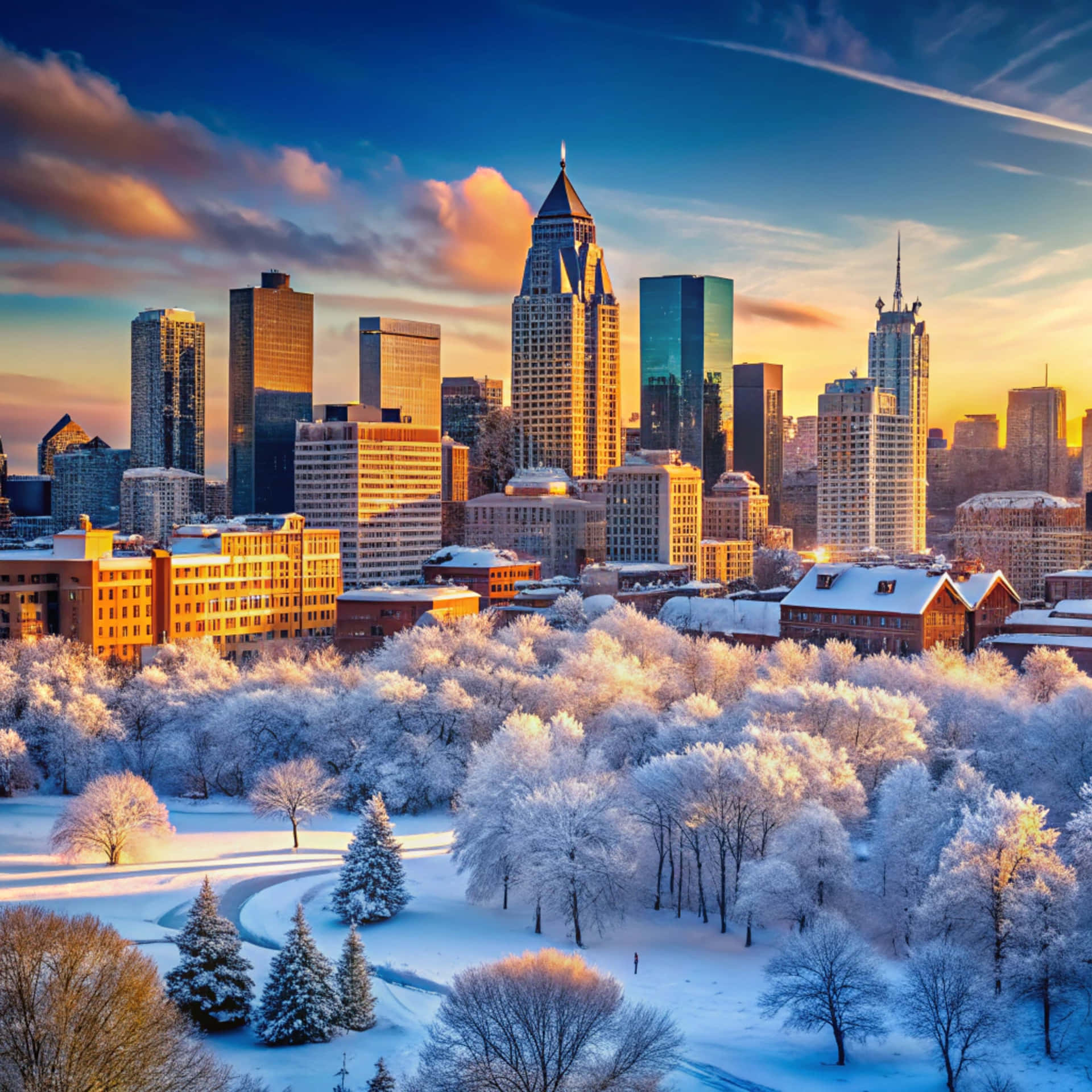 Winter city skyline 壁紙 — 一個白雪覆蓋的公園，有結霜的樹木和蜿蜒的小徑，前方是沐浴在金色夕陽下的高聳城市天際線。