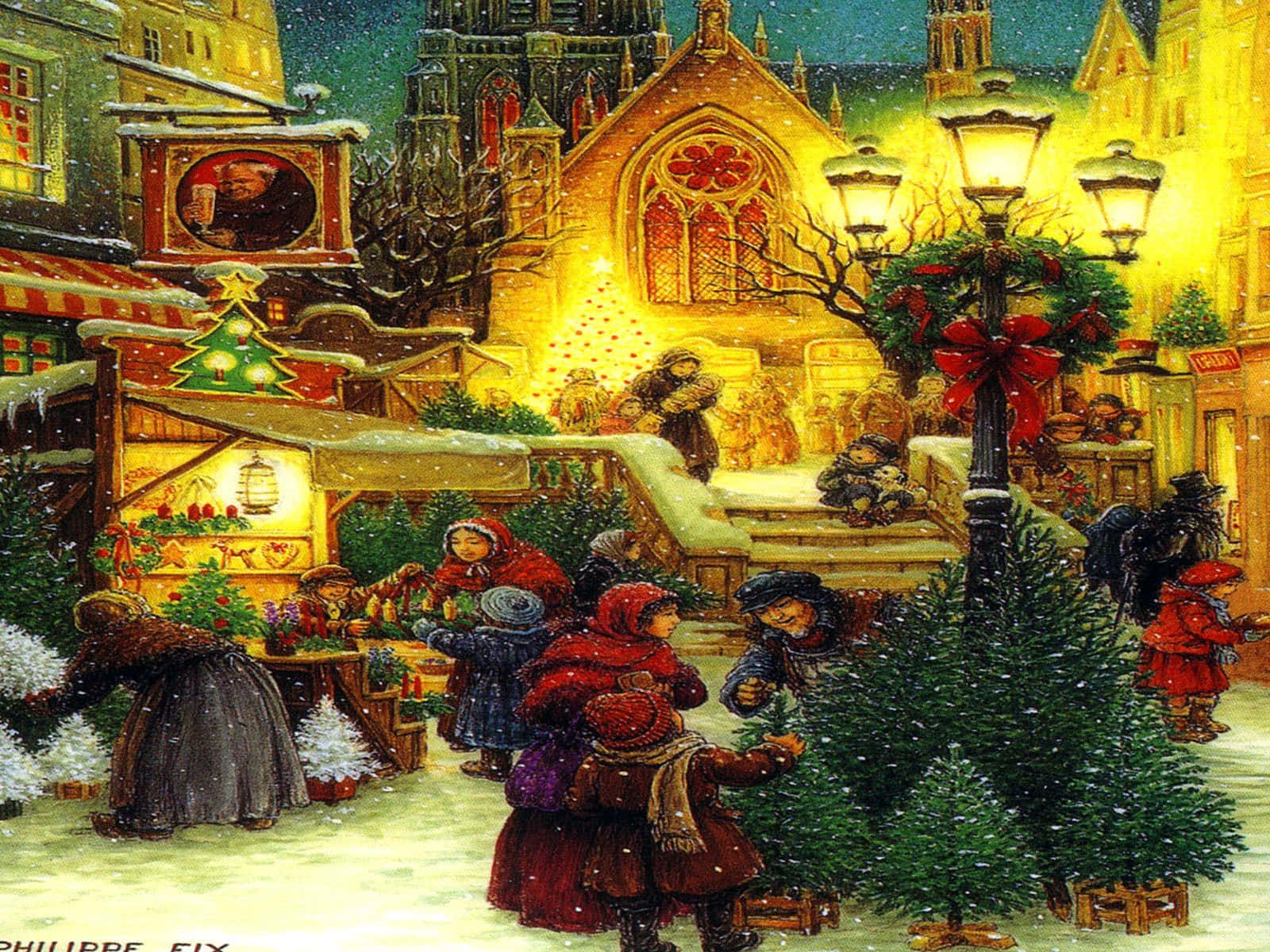 Vintage Christmas 桌布 壁紙 — 一個白雪覆蓋的歐洲聖誕市集在街燈下溫暖地發光，人們在大教堂附近瀏覽節日攤位和樹木。