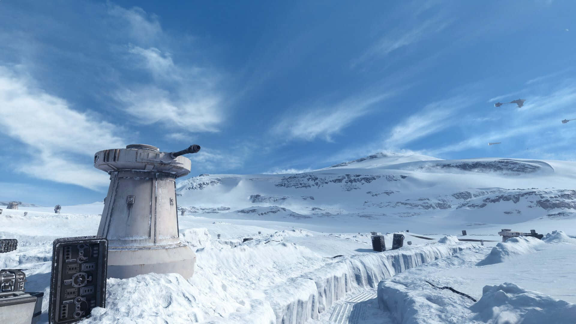 Hoth 桌布 壁紙 — 一個白雪覆蓋的霍斯戰場，有一架TIE戰鬥機和AT-AT步行機在明亮的藍天下。
