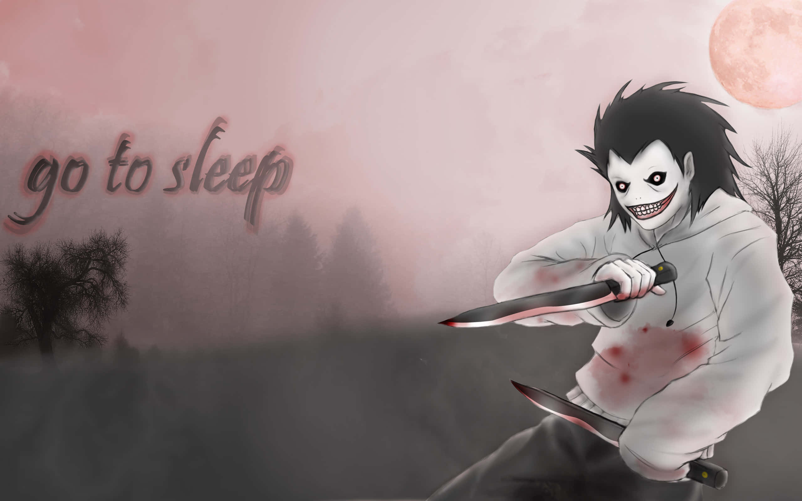Jeff The Killer 桌布 壁紙 — 一個白面黑髮的威脅性動漫角色，在粉紅色夜空和滿月下手持兩把血淋淋的刀。