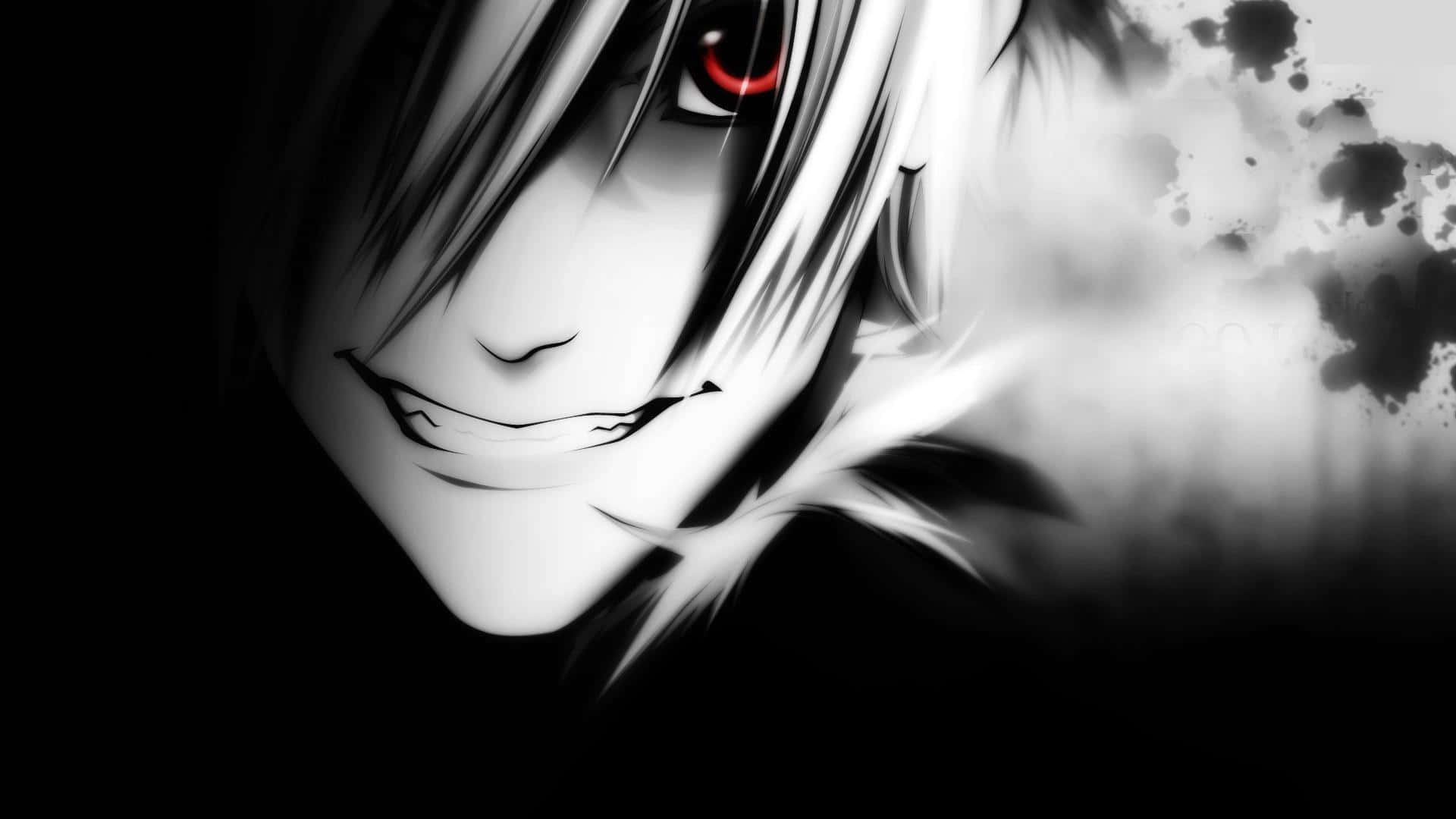 Black And White Anime 桌布 壁紙 — 一個白髮、一隻發光紅眼的動漫角色特寫，在黑白墨水飛濺背景上邪惡地微笑。