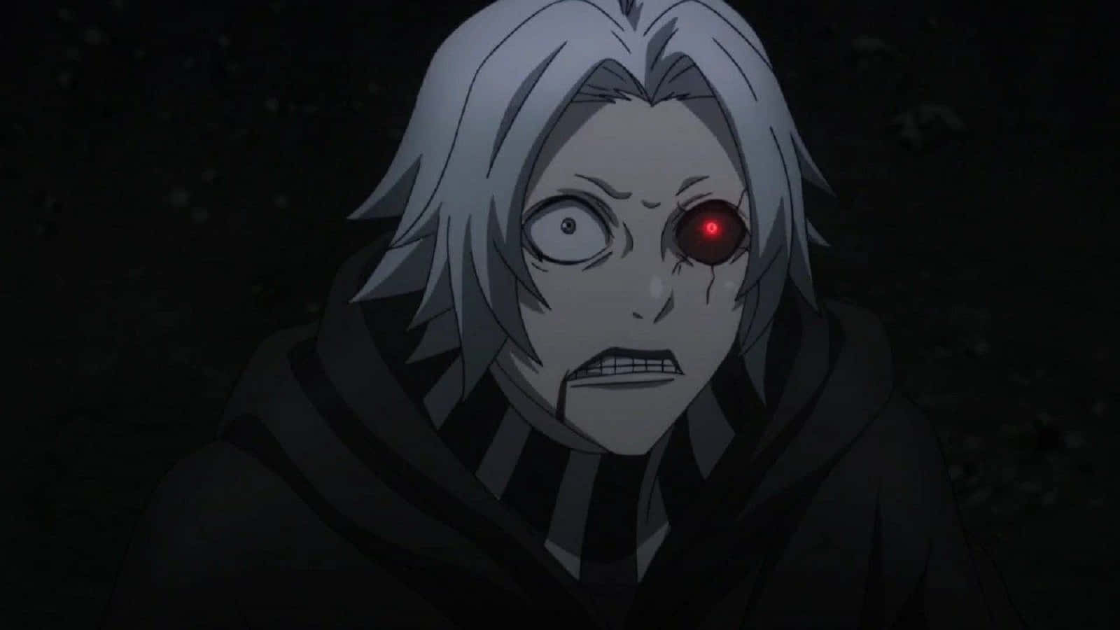 Seidou Takizawa 桌布 壁紙 — 一個白髮、一隻發光紅眼的動漫角色在黑暗夜晚場景中強烈凝視。