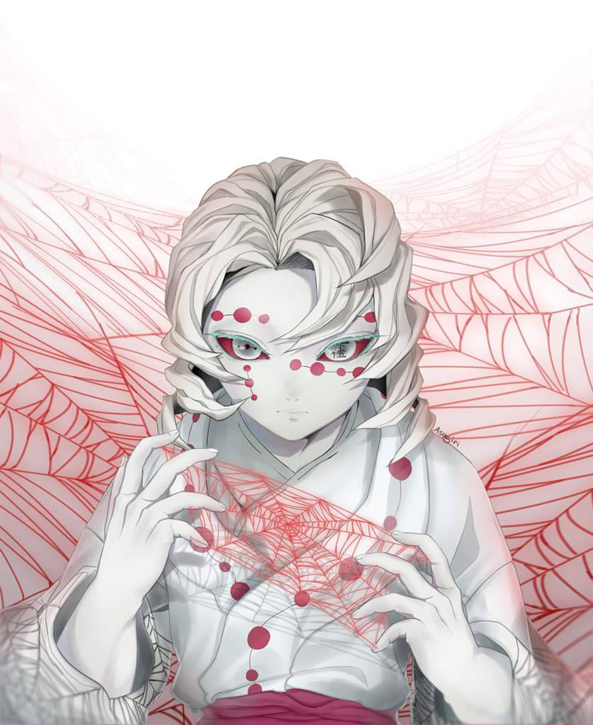 Rui 桌布 壁紙 — 一個白髮、帶有紅色蜘蛛網圖案的動漫角色，在紅色蜘蛛網背景前拿著一個網狀物體。