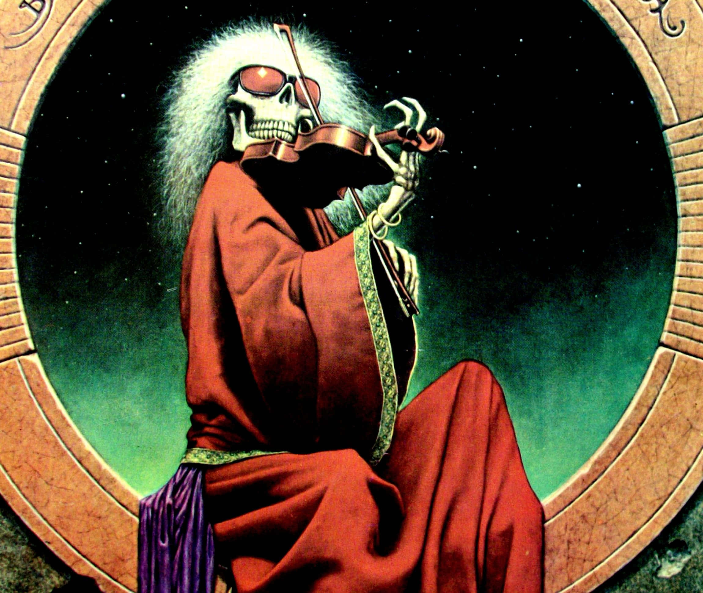 Grateful Dead iPhone 桌布 壁紙 — 一個白髮、戴紅色太陽眼鏡的骷髏人物，坐在圓形石拱門中，背景是繁星點點的夜空，正在拉小提琴。