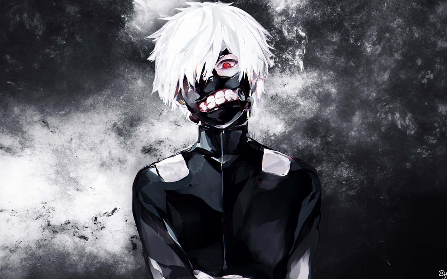 Kaneki 桌布 壁紙 — 一個白髮、戴黑色面具、紅眼睛的動漫角色，站在煙霧灰背景前。