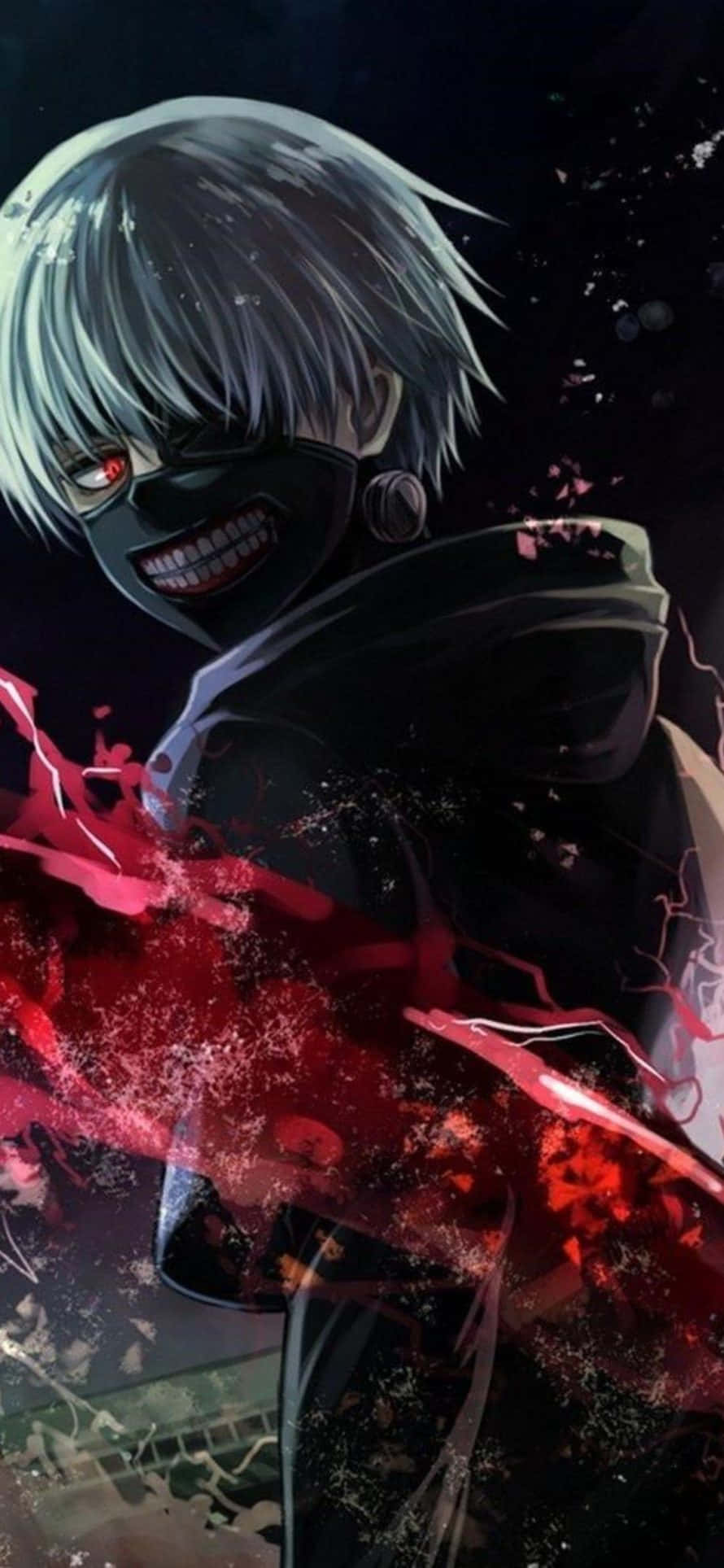 Ken Kaneki 桌布 壁紙 — 一個白髮、戴黑色面具的威脅性動漫角色，在黑色背景前，深色衣服上濺滿紅色鮮血，咧嘴而笑。
