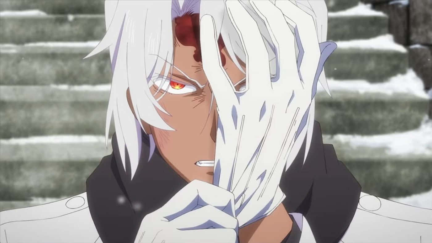 Bl Anime 桌布 壁紙 — 一個白髮、發光紅眼、額頭流血的動漫角色站在被雪覆蓋的石階上，手舉起朝向臉部。