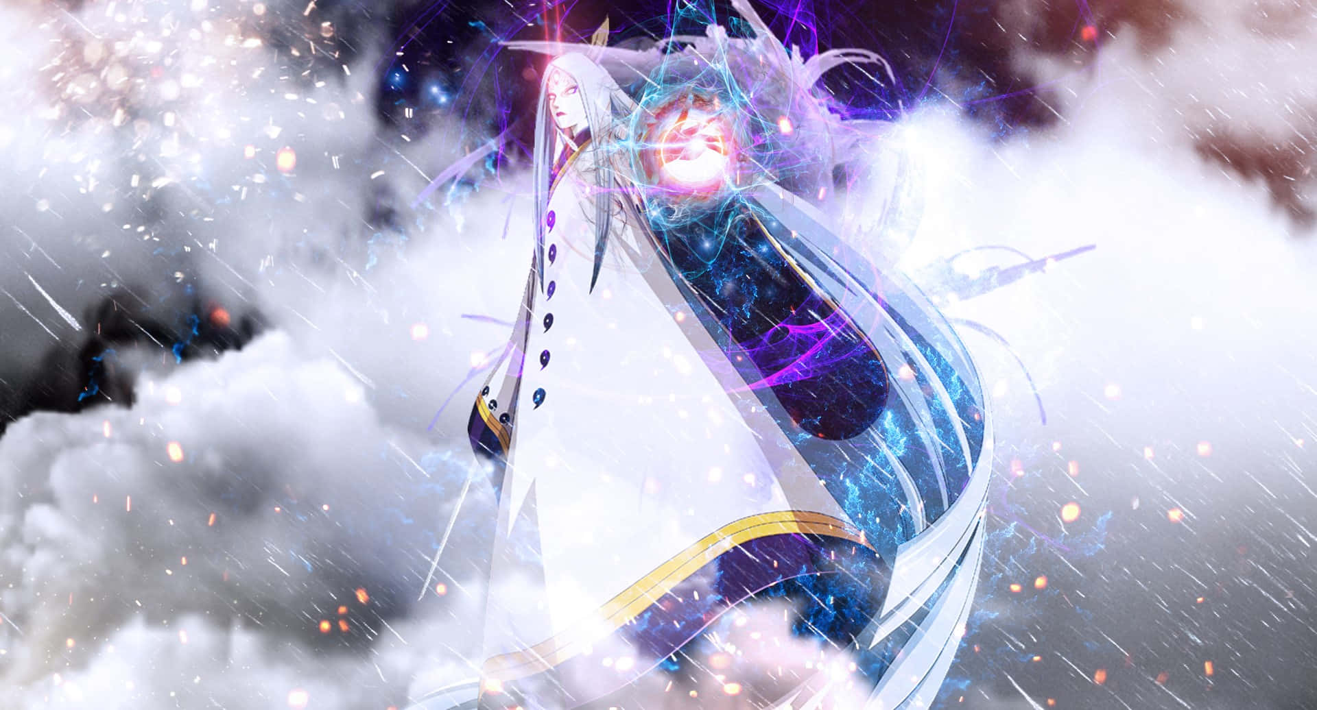 Kaguya Otsutsuki 桌布 壁紙 — 一個白髮、眼睛發光的動漫角色，站在旋轉的雲層和宇宙能量之中，揮舞著一把閃耀的魔法武器。