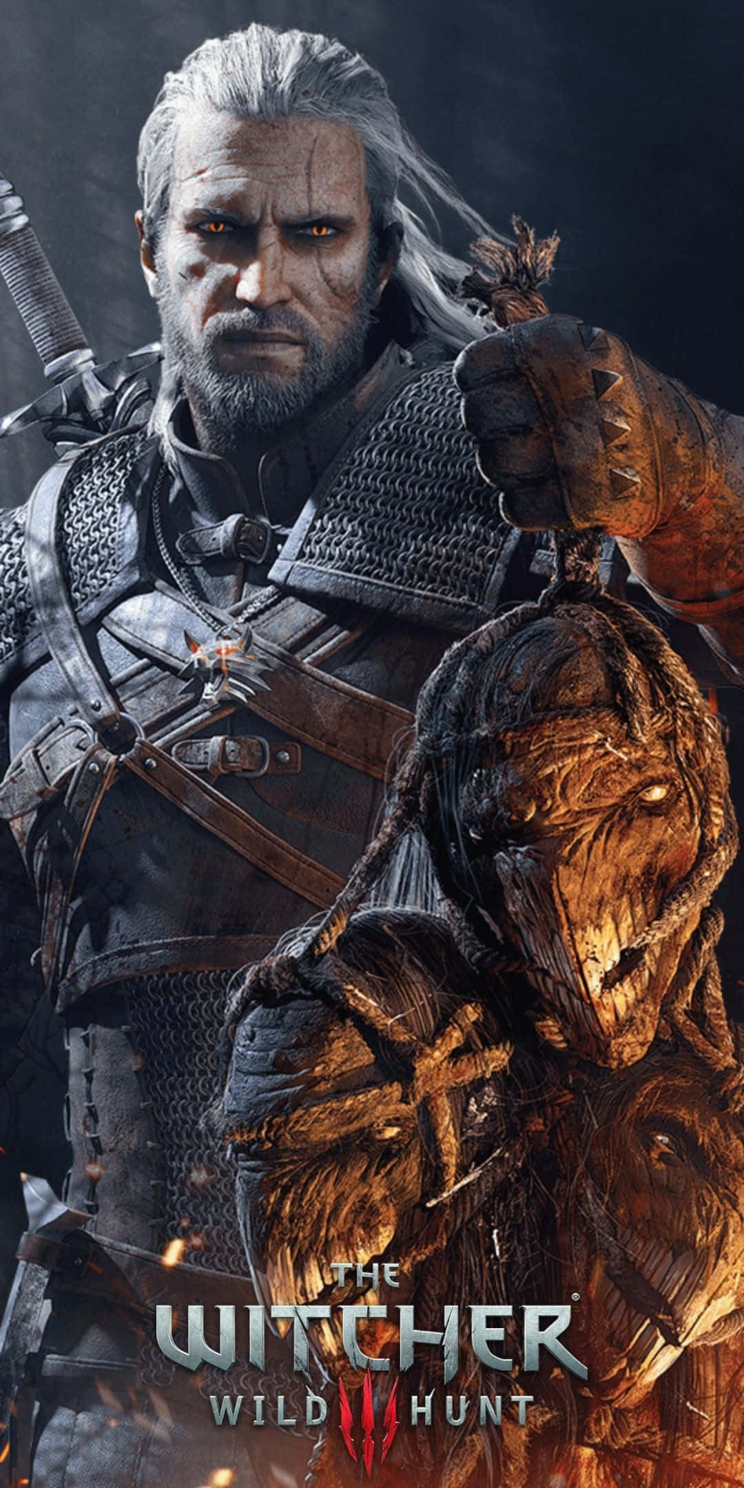 Pixel 3 The Witcher 3 桌布 壁紙 — 一個白髮、眼睛發光的陰沉戰士，身穿暗色盔甲，在煙霧繚繞的背景中手持一個怪物的頭顱。