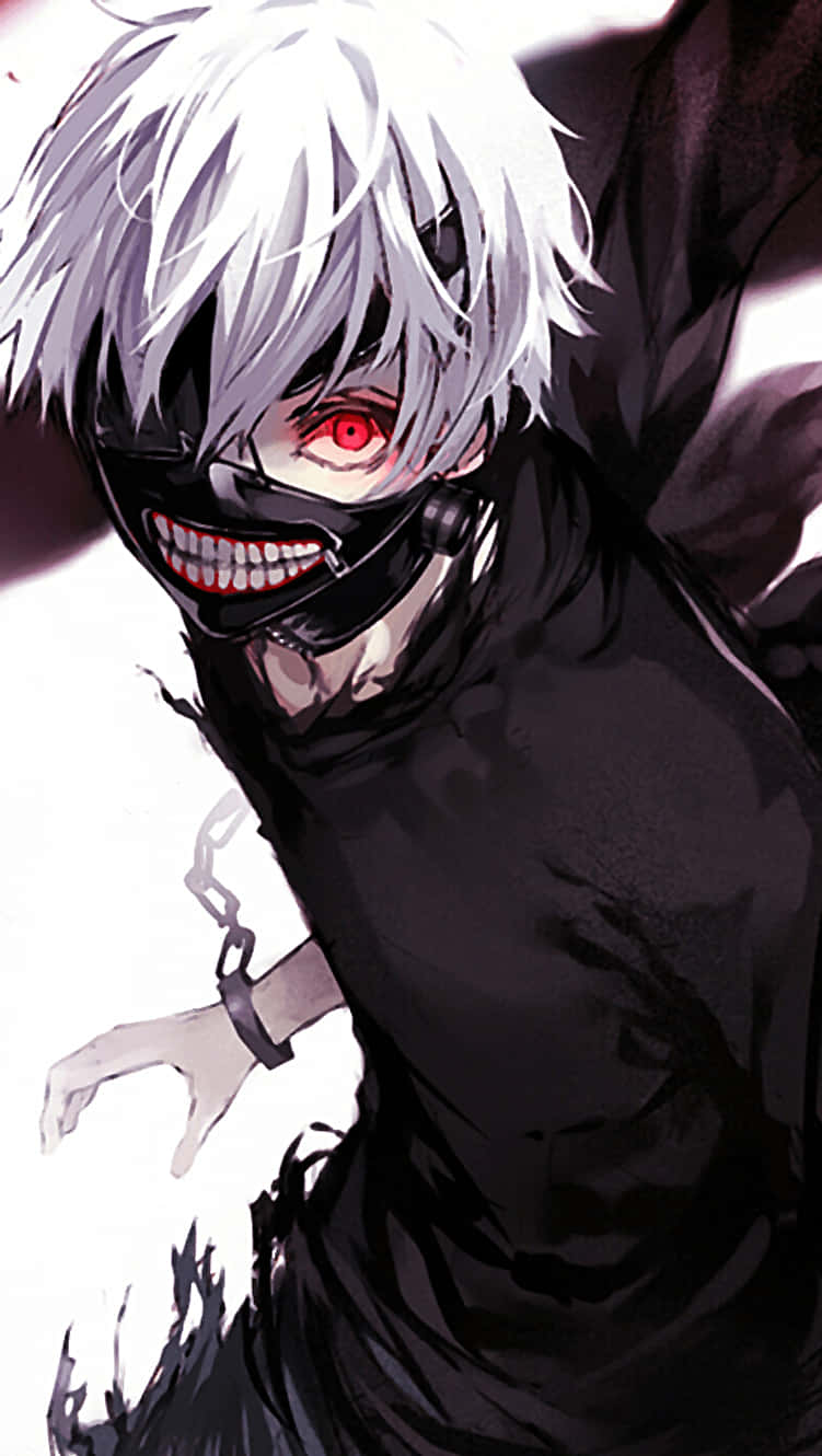 Kaneki Phone 桌布 壁紙 — 一個白髮、紅眼、戴黑色面具的動漫角色，手腕上纏著鎖鏈向前猛衝。