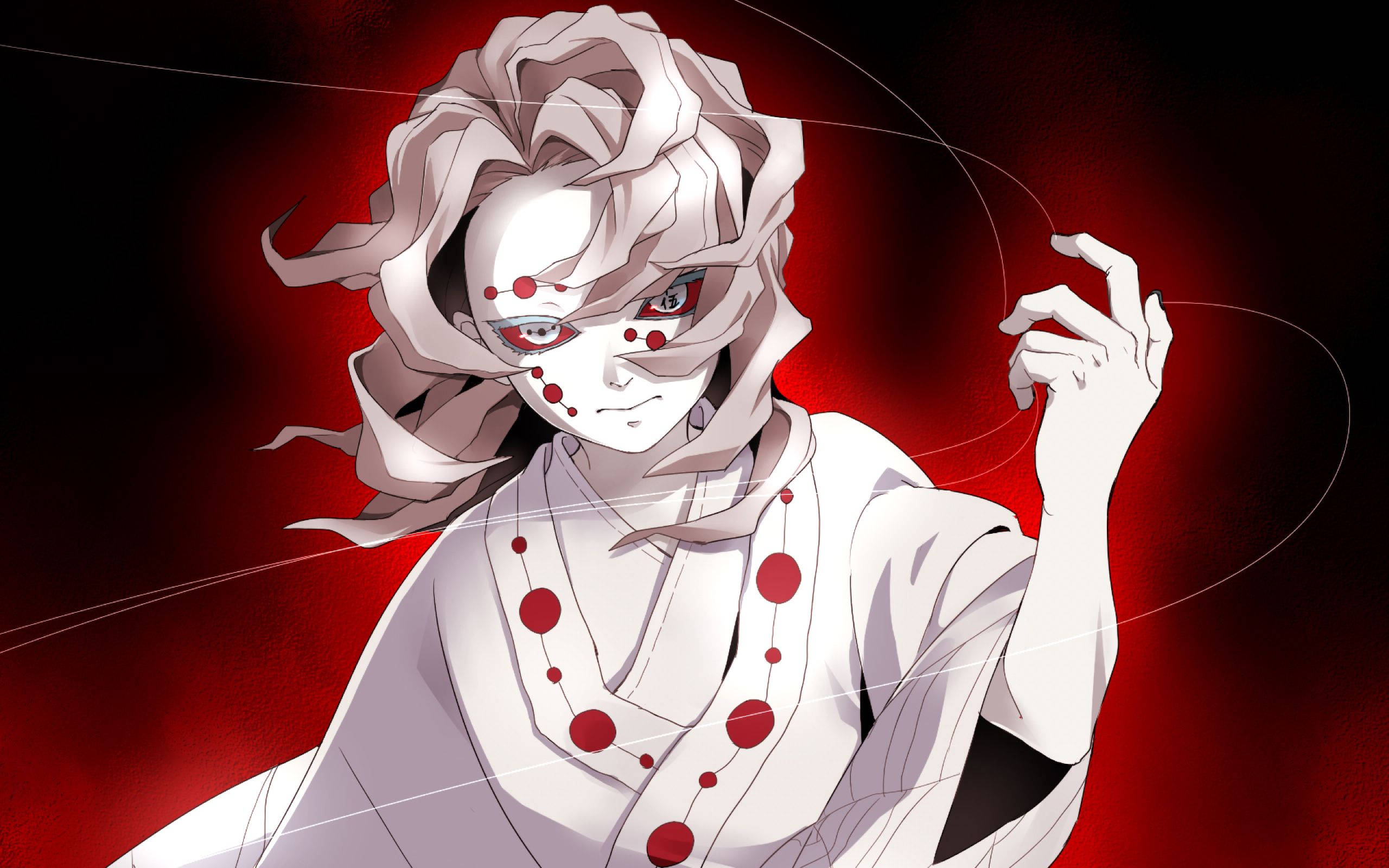 Rui 桌布 壁紙 — 一個白髮、臉上和長袍上有紅點的動漫角色站在發光的紅色背景前。