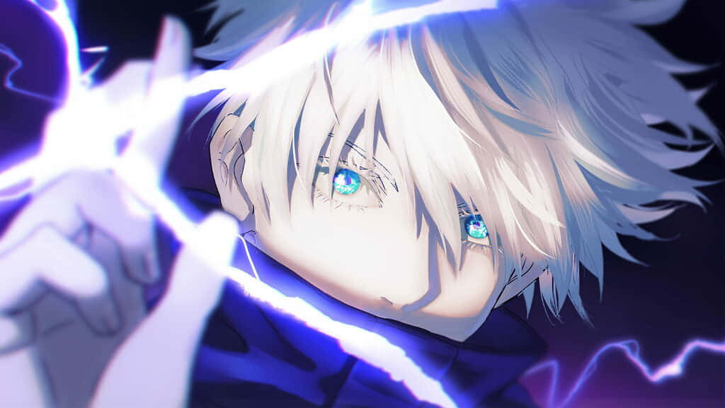 Shonen Anime 桌布 壁紙 — 一個白髮、藍色發光眼睛的動漫角色特寫，在黑暗背景中引導電能。