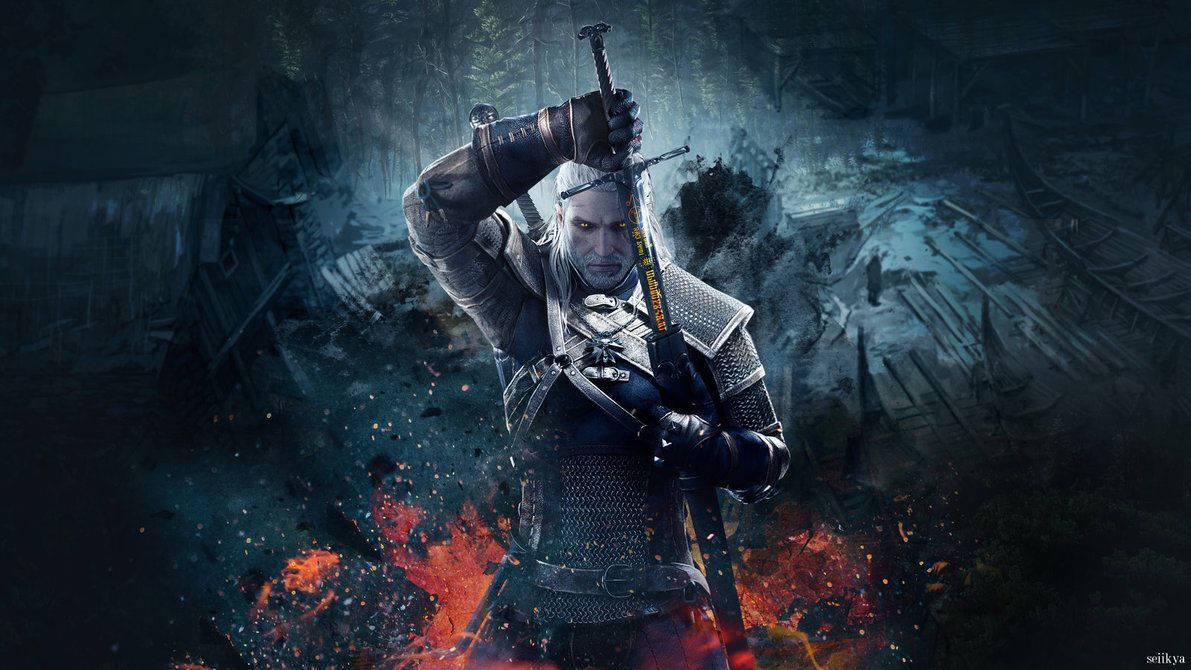 Witcher 3 桌布 壁紙 — 一個白髮、身穿盔甲的陰沉戰士，在廢棄的森林中挑釁地站著，將劍高舉過頭，熾熱的火星在他腳邊爆炸。