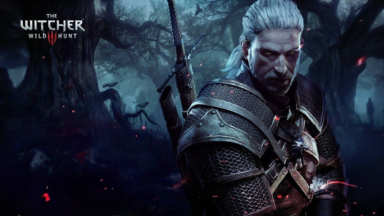 Witcher 桌布 壁紙 — 一個白髮、身穿鎧甲的陰沉戰士站在黑暗迷霧的森林中，手持一把劍，周圍有發光的紅色火花飛舞。