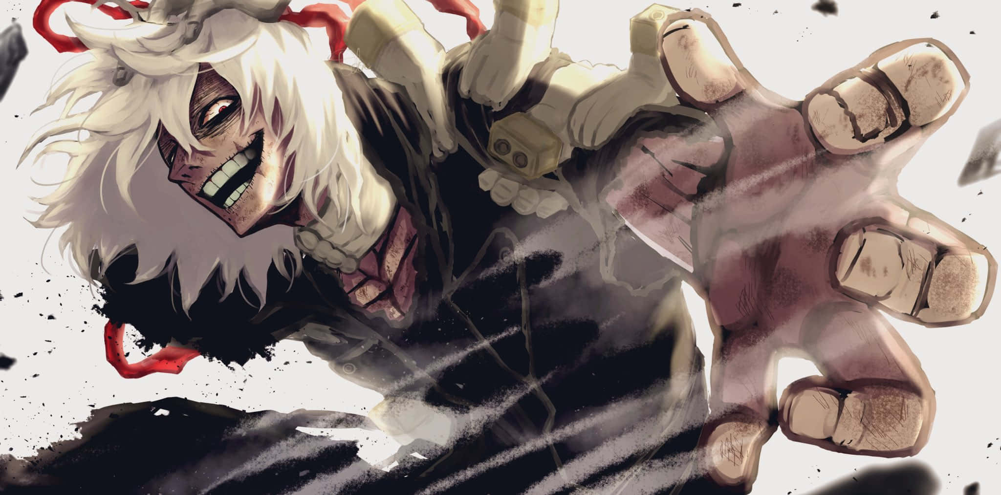Tomura Shigaraki 桌布 壁紙 — 一個白髮、露出兇猛笑容的動漫角色向前猛衝，一隻巨大的手伸向觀眾。