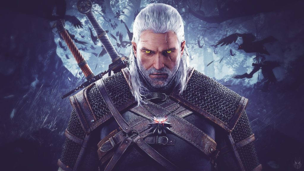 witcher 4K 桌布 壁紙 — 一個白髮、黃色發光眼睛的陰沉戰士站在黑暗的森林中，烏鴉在他周圍飛翔。