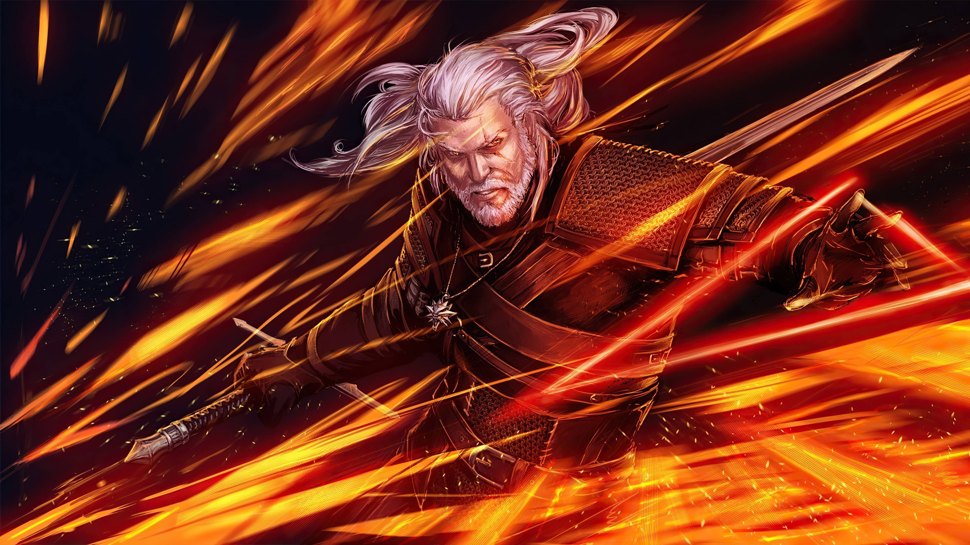 The Witcher 3 桌布 壁紙 — 一個白髮兇猛的戰士身穿黑色盔甲，在黑色背景上劈開熾熱的橙色能量條紋。
