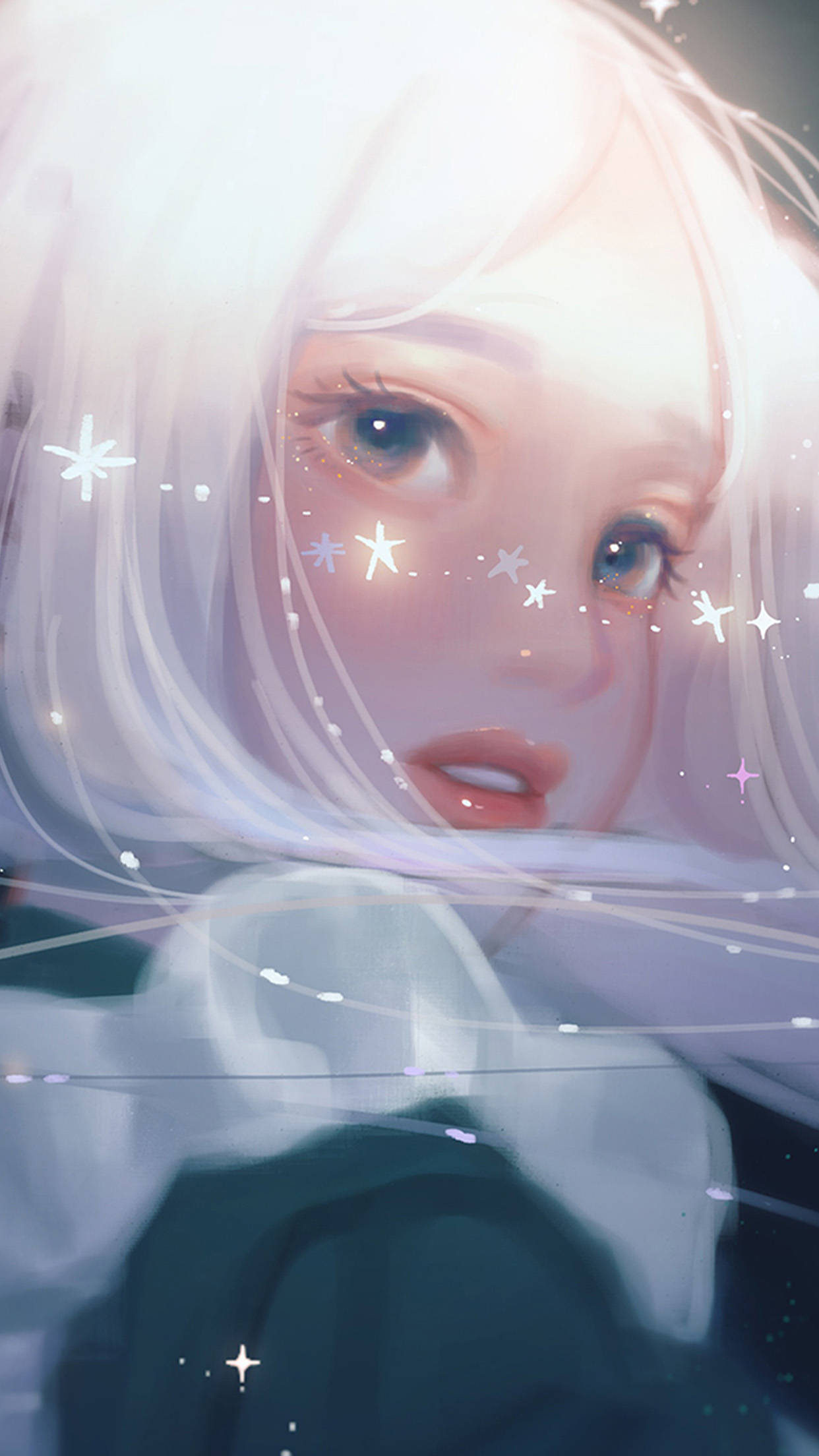 美女 桌布 壁紙 — 一個白髮動漫少女的特寫，柔和的粉彩色調中，閃爍的星星漂浮在她的臉龐周圍。