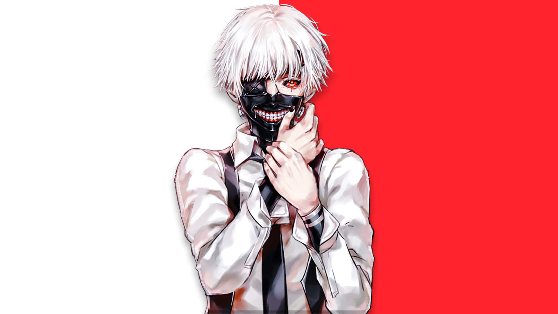 Background Color 桌布 壁紙 — 一個白髮動漫男孩，戴著黑色面具，紅色眼睛，在鮮明的紅色和白色背景前擺姿勢。