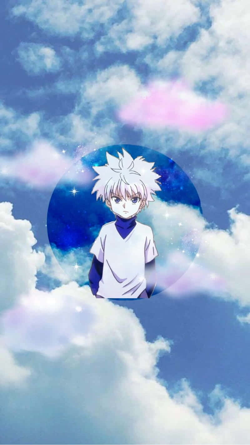 桌布 壁紙 — 一個白髮動漫男孩漂浮在一個繁星點點的藍色球體中，周圍是蓬鬆的雲朵，天空色彩斑斕。