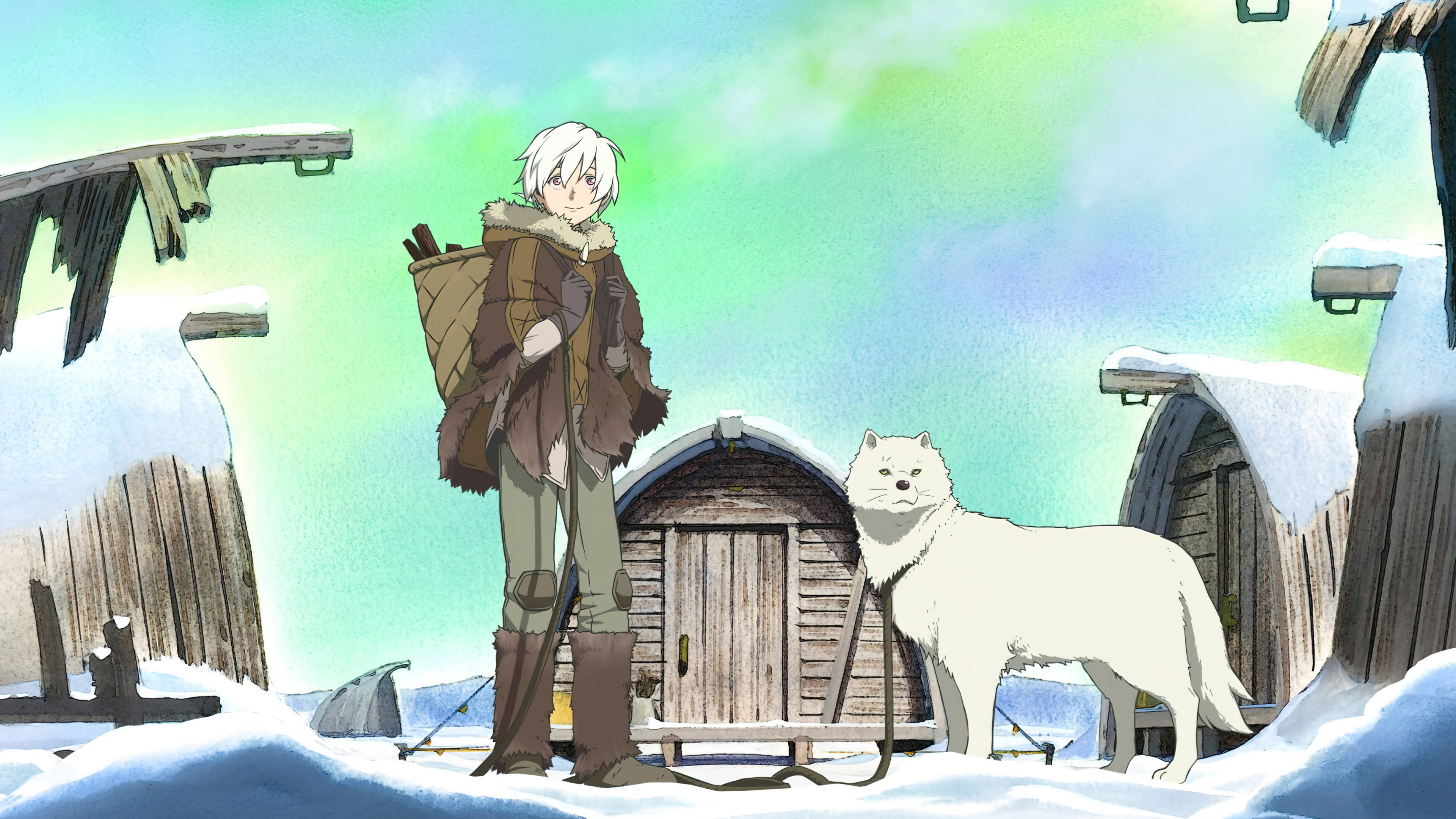 eternity 桌布 壁紙 — 一個白髮動漫男孩與狼同伴站在一個有木屋的雪村，天空是粉彩色的。